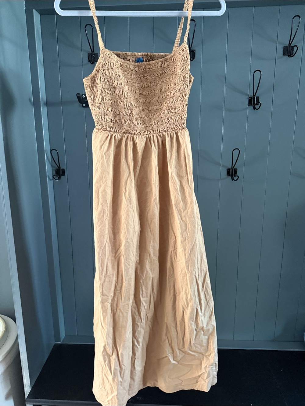 Womens Cream/Tan Smocked Maxi Dress with Spaghetti Straps